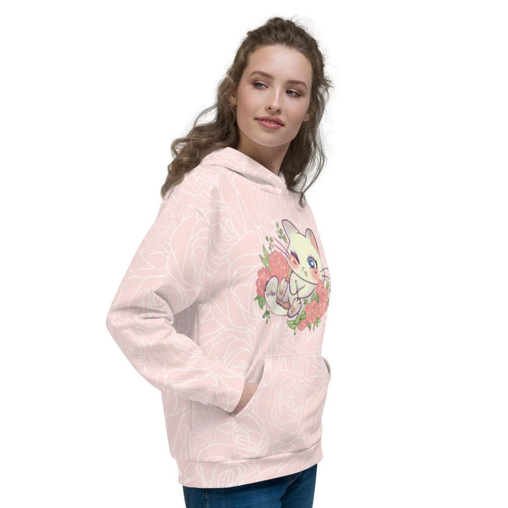 Cute Cat in Flower Bed Unisex Hoodie - Image 3