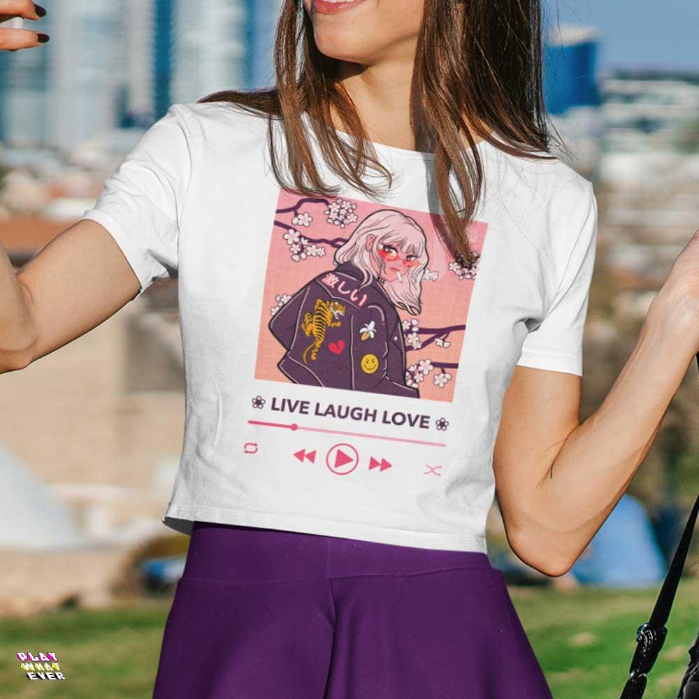 Live, Laugh, Love Music Player Anime Girl Cropped Top