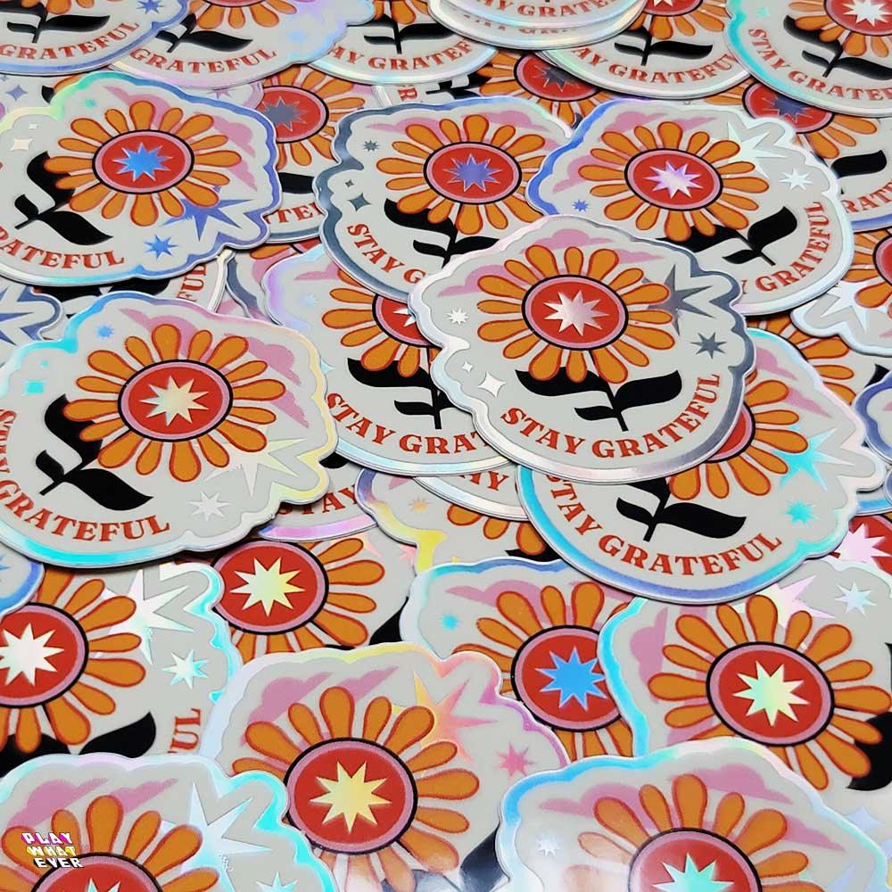 Stay Grateful Retro Flower Holographic Sticker - Image 2