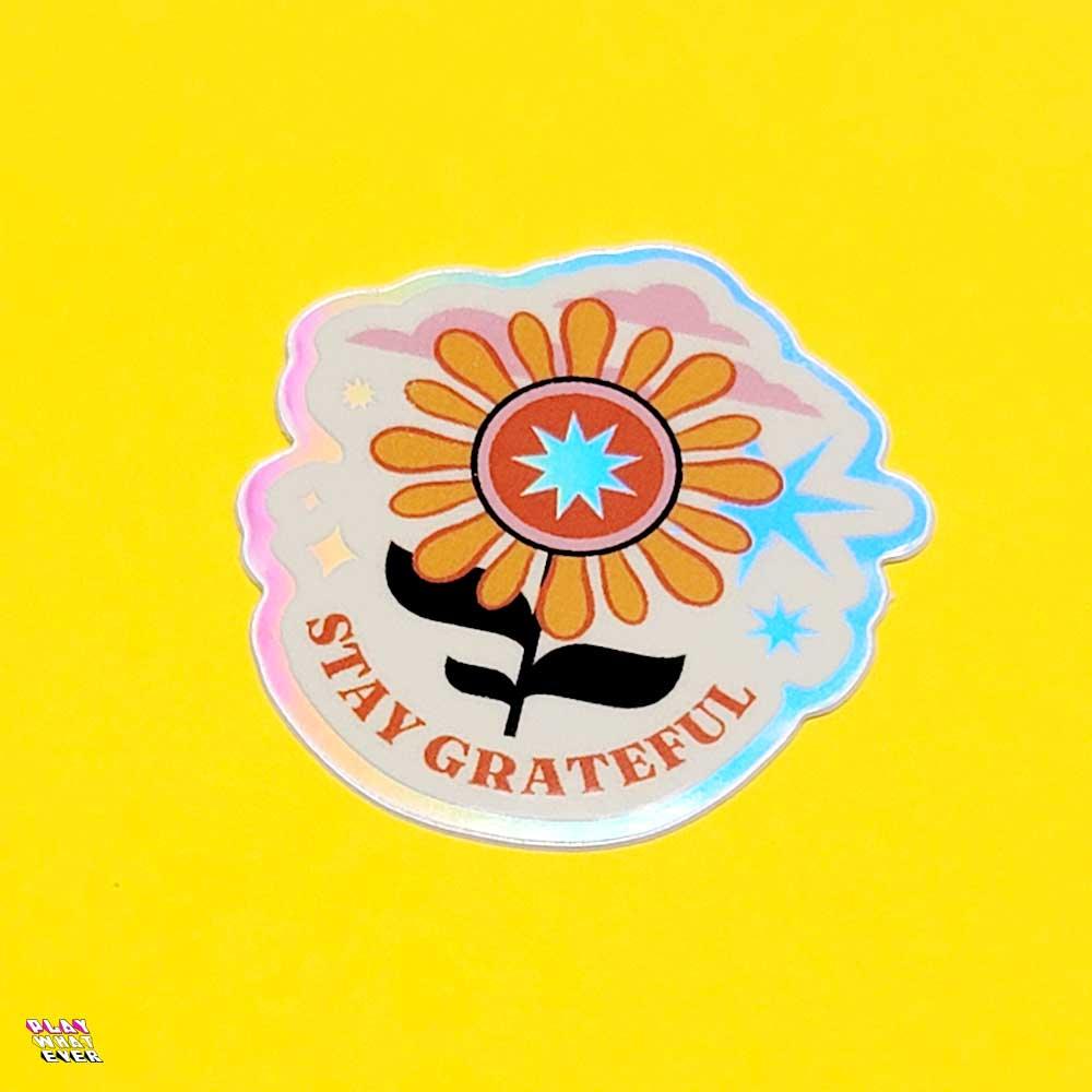 Stay Grateful Retro Flower Holographic Sticker - Image 3