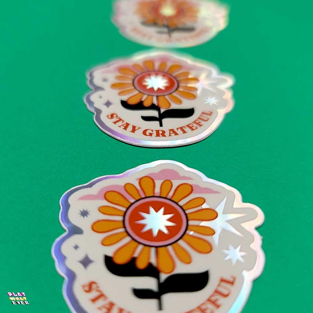 Stay Grateful Retro Flower Holographic Sticker - Image 4