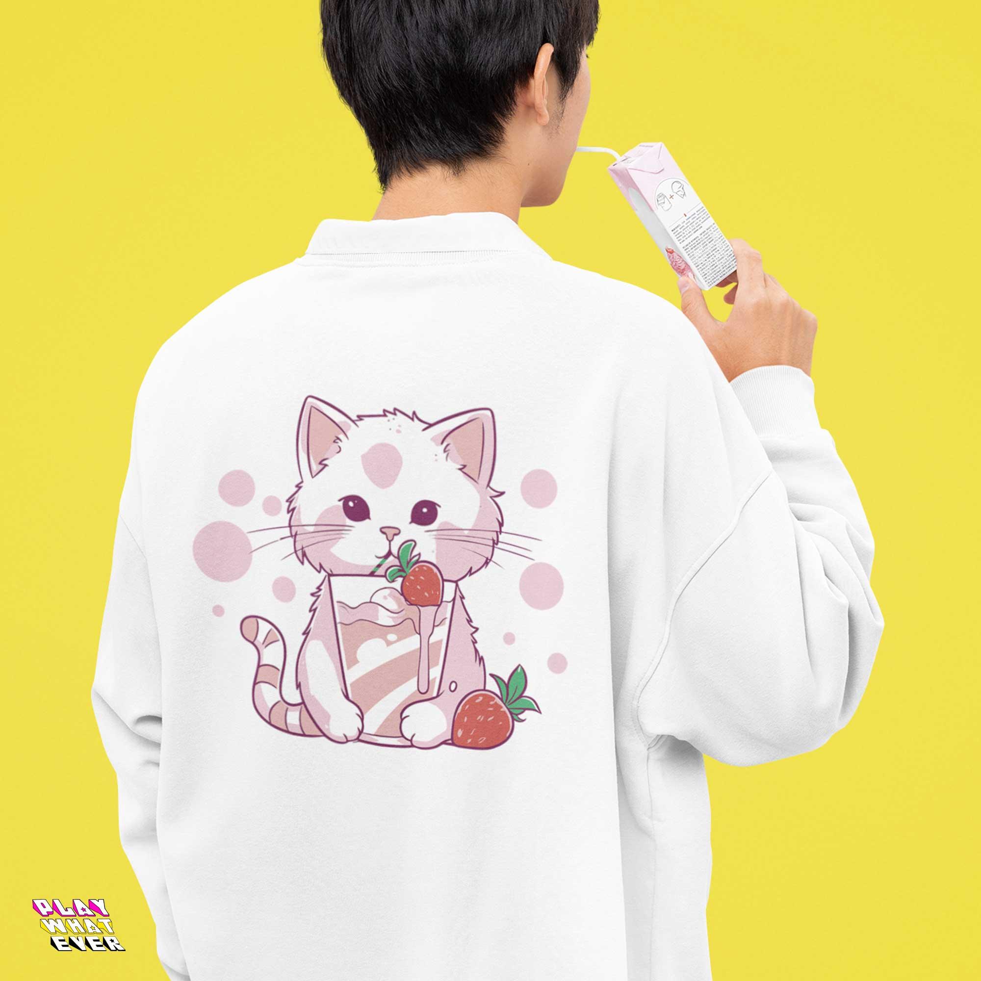 Strawberry Catshake Cute Unisex Sweatshirt - Image 3