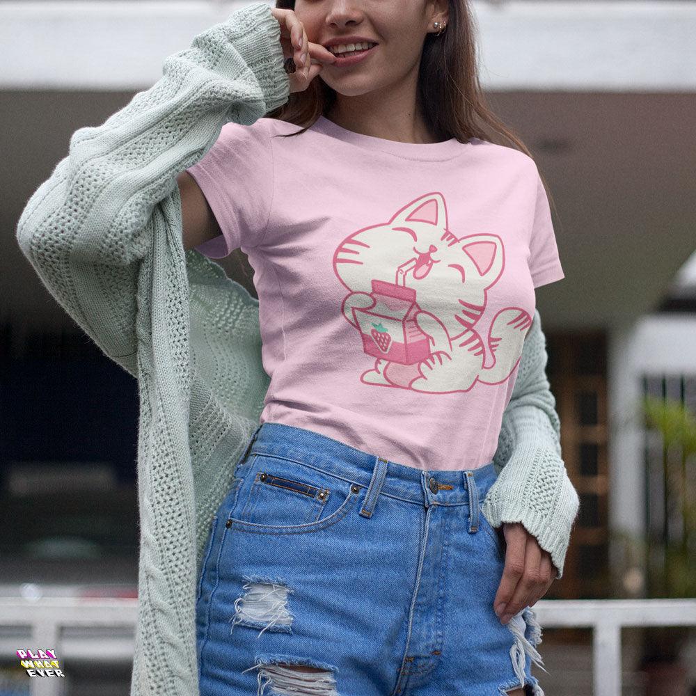 Strawberry Milk Kawaii Neko Cat T-Shirt - Image 2