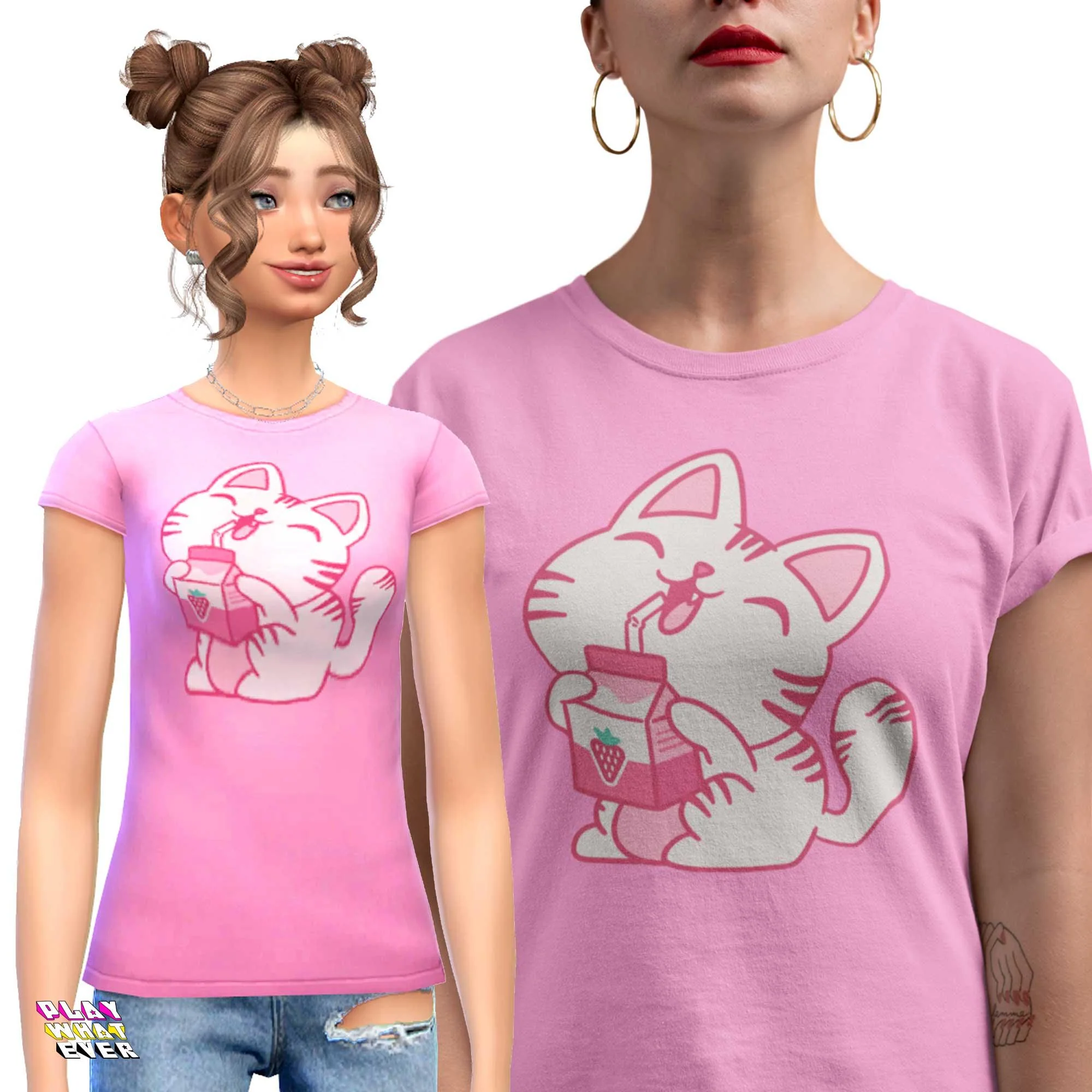 Strawberry Milk Kawaii Neko Cat T-Shirt - Image 3